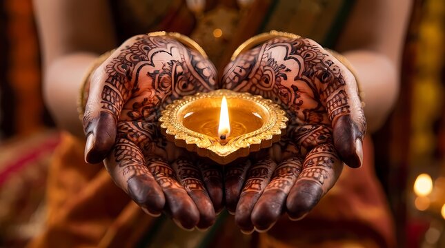 Henna decorated hands holding a lit diya oil lamp.
