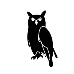 Fototapeta premium Black owl with white eyes perched and staring. Minimalist vector illustration of nocturnal bird in flight-ready pose. Mystical wildlife icon for de...