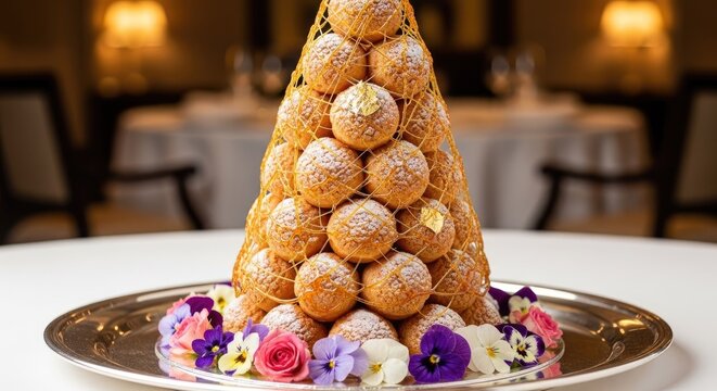 Elegant croquembouche cream puff tower with floral decor.
