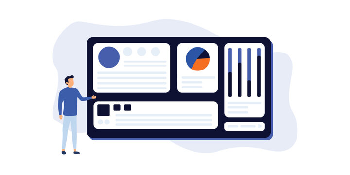 Man presenting data analytics dashboard with charts and graphs, flat vector illustration