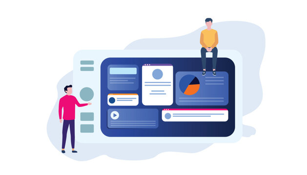 Two business people collaborating on data dashboard analysis, flat vector illustration