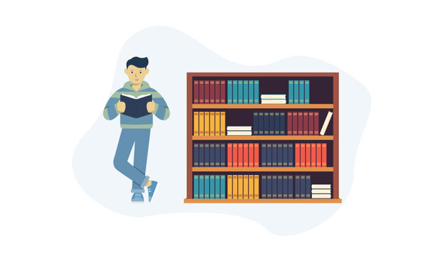 Man reading book leaning on bookshelf, flat vector illustration concept