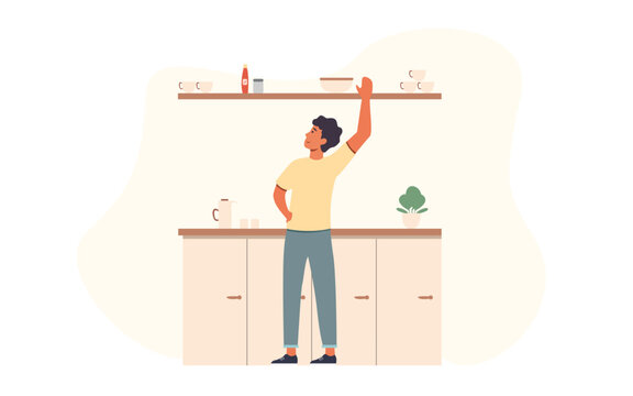 Man reaching for item on kitchen shelf, flat vector illustration concept