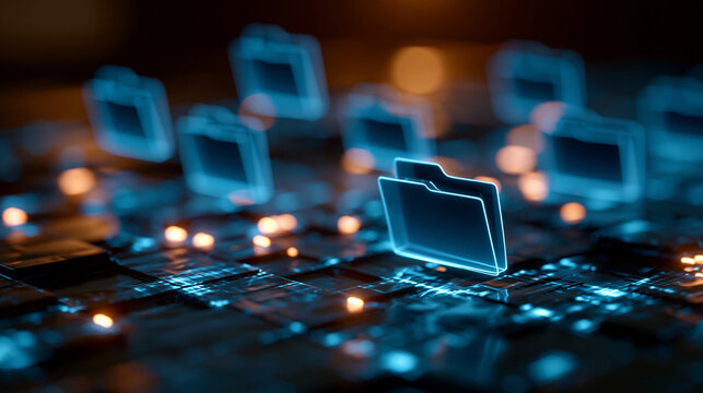 Digital data folders glowing on a computer circuit board background with computer
