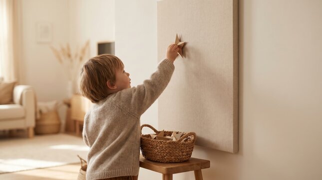 Young child decorates wall with paper stars for India's Independence Day celebration