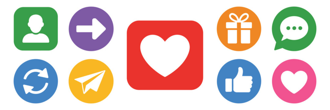 Social media reaction icon collection featuring like, love, heart, thumbs up, repost, comment, share, save and stories buttons, user interface notifications and engagement symbols, modern flat vector