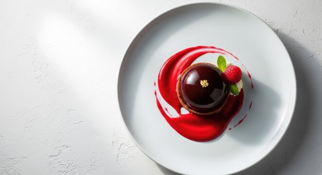 Gourmet chocolate mousse dome with raspberry coulis.