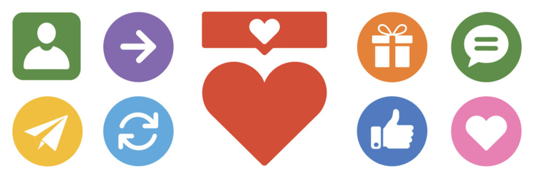 Social media reaction icon collection featuring like, love, heart, thumbs up, repost, comment, share, save and stories buttons, user interface notifications and engagement symbols, modern flat vector
