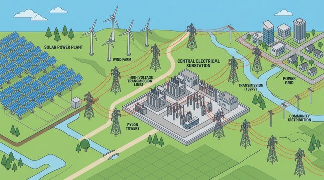 Renewable energy infrastructure illustration solar wind and electrical grid network