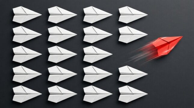A red paper airplane leads a group of white ones on a dark background