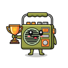 Fototapeta premium Cute Radio Character Holding a Golden Trophy, Celebrating Victory.