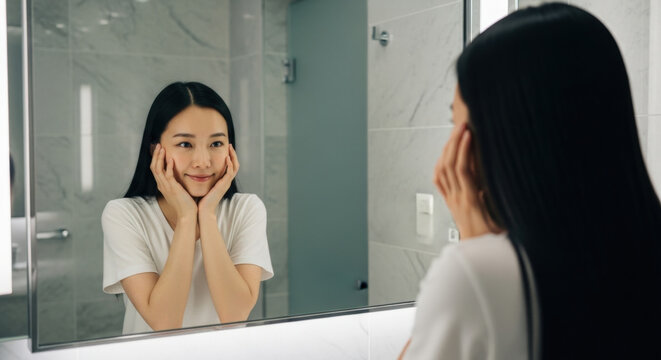 Asian woman touching her face in mirror smiling with hands on cheeks in bathroom modern interior looking happy confident self care beautiful.