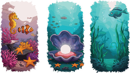 Underwater ocean scene, colorful coral reef with seahorse clownfish pearl shell and seaweed, deep sea marine wildlife background, vector illustration © VecktorWorld