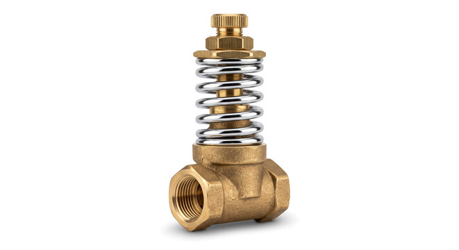 Adjustable brass safety valve with external compression spring and threaded connections for systems.
