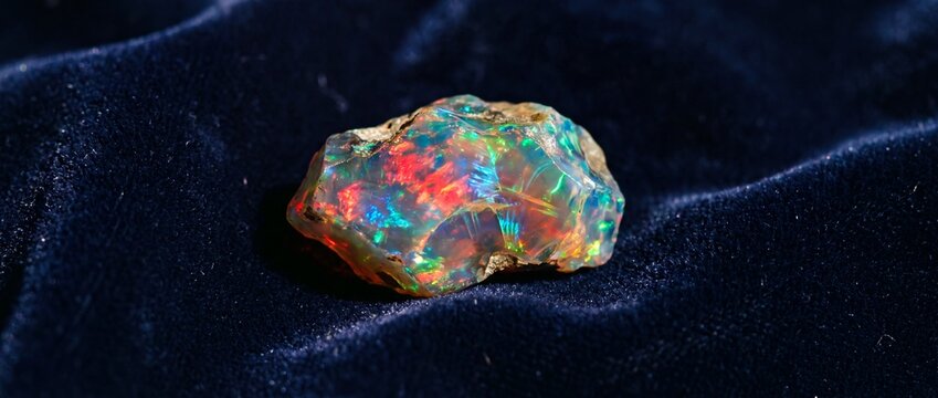 Raw precious opal gemstone featuring vibrant multi colored fire flashes resting on luxurious dark blue velvet fabric background