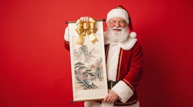 Santa Claus holds a traditional scroll painting with a landscape scene and a golden bow on a festive red background. The jovial character, dressed in his iconic red suit.