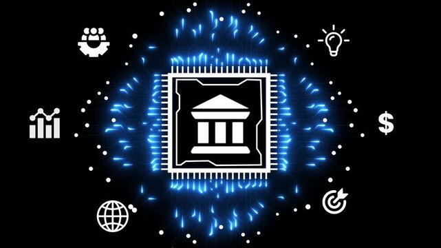 Electronic circuit board with bank icon. Moving electronic circuit animation on black background. bank icon futuristic neon circuit board animated Processor chips background.