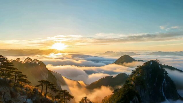 Sunrise Over Majestic Mountains with Sea of Clouds