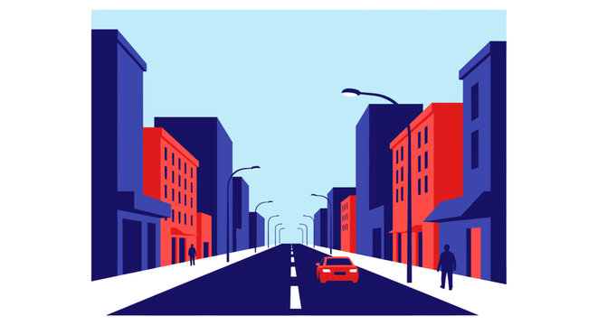 A graphic illustration of a city street with tall buildings, streetlights, a red car, and pedestrians, using one-point perspective.