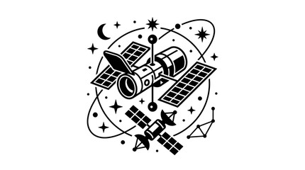 Naklejka premium Space Telescope and Satellite Orbiting Earth, Stars and Moon