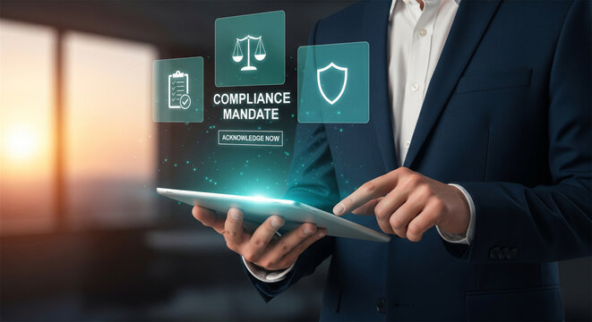 Corporate compliance mandate concept, businessman using digital tablet for regulatory policy management, legal security and risk assessment