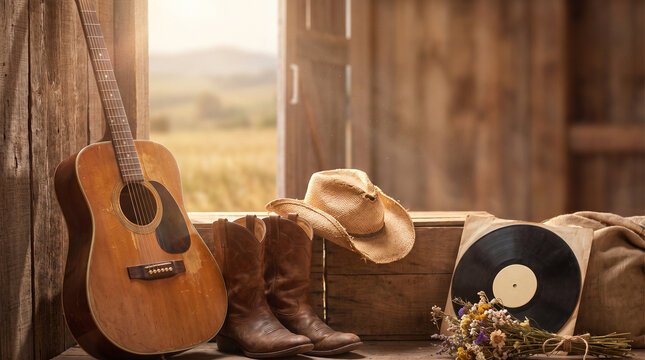 International Country Music Day celebration, vintage acoustic guitar with cowboy boots and hat in rustic barn, traditional Americana lifestyle background
