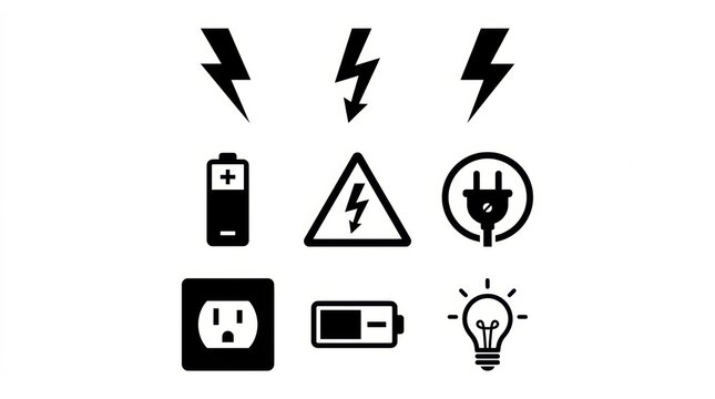 Electrical safety icons set lightning battery warning outlet and lightbulb graphics