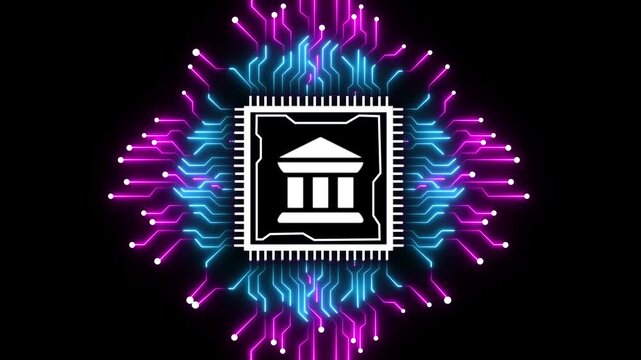 Electronic circuit board with bank icon. Moving electronic circuit animation on black background. bank icon futuristic neon circuit board animated Processor chips background.