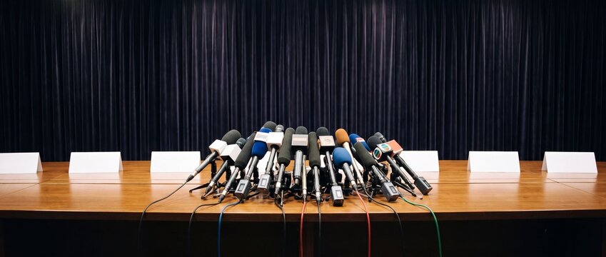 Multiple microphones on a wooden table for a press conference or media event with a dark curtain backdrop.