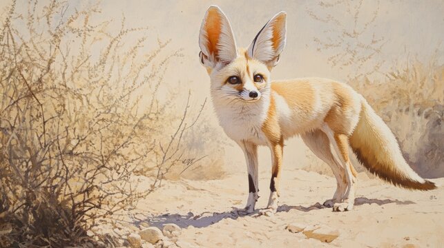 Fennec fox standing in sandy desert habitat, alert and attentive, large ears.