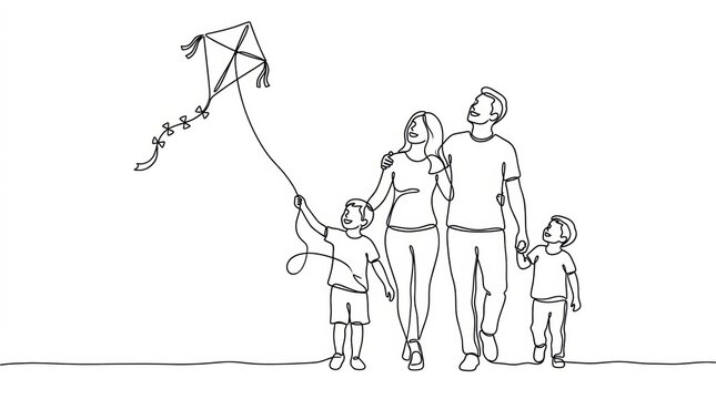 Family outing with kite continuous line drawing illustration