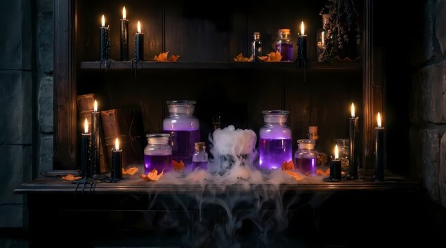 Magical apothecary shelf with purple potions and candles.