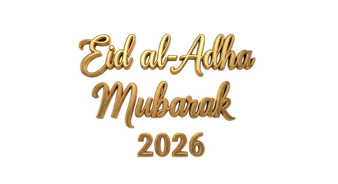 Three dimensional gold metallic text reading eid al-adha mubarak 2026, shiny embossed lettering isolated on a solid , festive png. ai generated isolated on a transparent background
