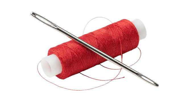 Red thread spool with metal sewing needle