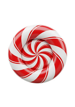 A3d rendered red and white striped peppermint candy, shaped like a ring with a spiral center, isolated on a solid dark background, for png. ai generated isolated on a transparent background