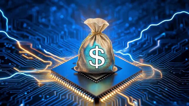 Glowing money bag with dollar symbol placed on a futuristic computer chip, representing digital finance, fintech, AI banking, cybersecurity, online payments, and financial technology. powerful video
