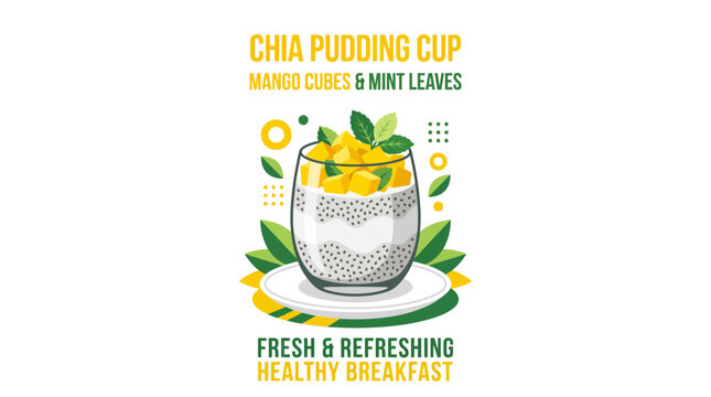 Healthy mango chia pudding cup with fresh mint leaves.