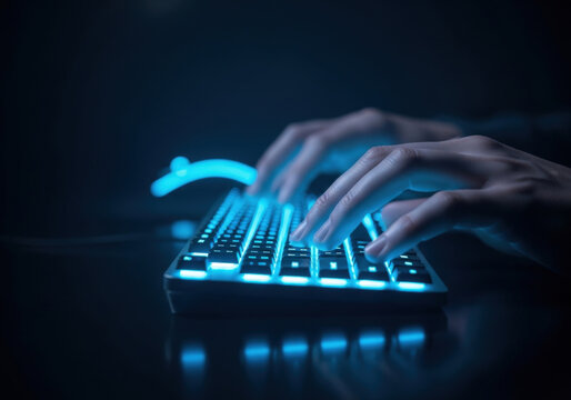 Close up of hands typing on a glowing blue keyboard in darkness, digital technology and cyber security concept, programmer working late on computer, high tech.