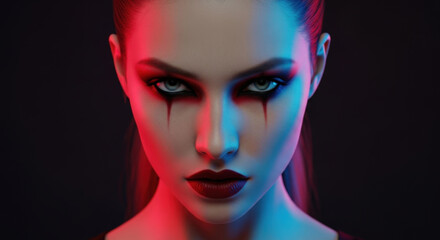 Obraz premium Close up portrait of serious woman with dramatic red and blue neon lighting featuring creative makeup with vertical lines under dark blue eyes.