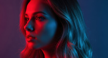 Obraz premium Dramatic profile portrait of young woman with vibrant red and blue neon lights illuminating her face suggesting mystery and allure.