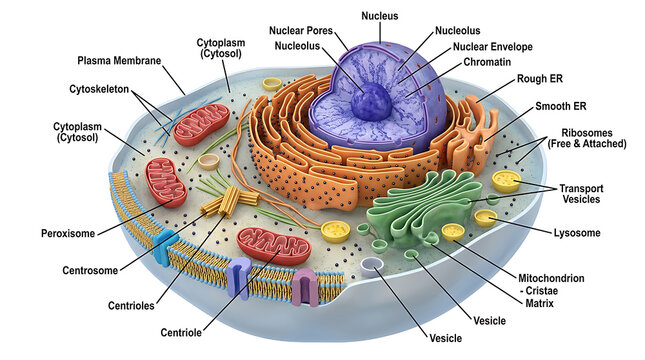 A detailed illustration of a cell's internal structures and organelles.