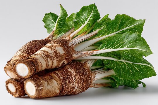 Fresh chicory root sections with fibrous cut surface