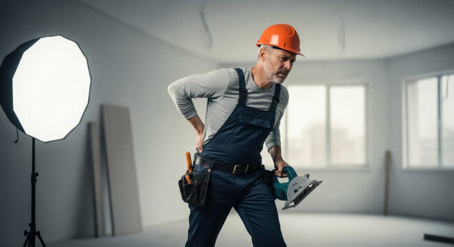 Mature construction worker suffering from lower back pain while holding circular saw at work site.