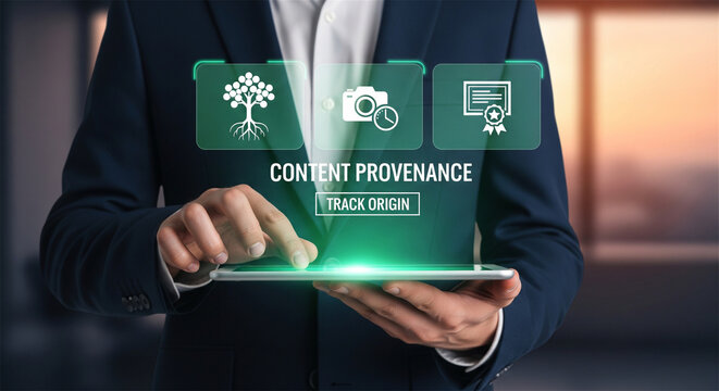 Content Provenance technology interface, businessman tracking digital asset origin, secure media authentication and metadata verification system