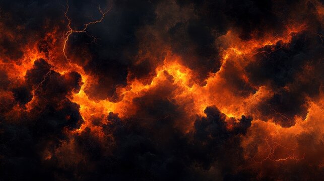 Fiery orange lightning bolts streak across a dark, stormy sky.