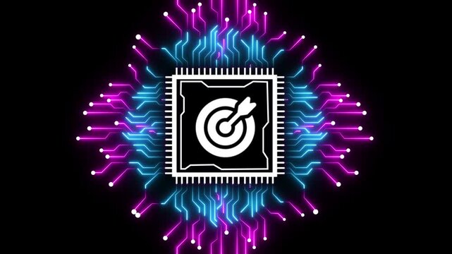 target icon with circuit board pattern animation a glowing digital encased within an animated circular structure on black technology electronics glowing cyber data