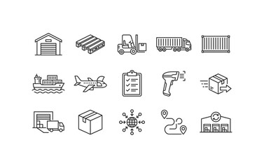 Fototapeta premium Logistics supply chain warehouse storage and global transportation line icon set