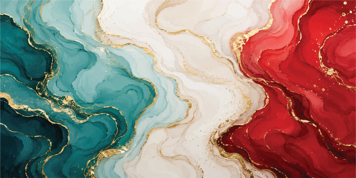Luxury Abstract Red Teal Marble Background with Gold Alcohol Ink Texture