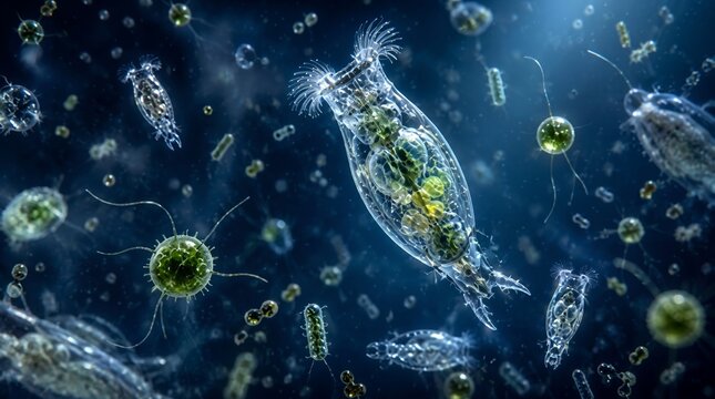 Microscopic view of diverse plankton and microorganisms thriving in a dark aquatic environment.