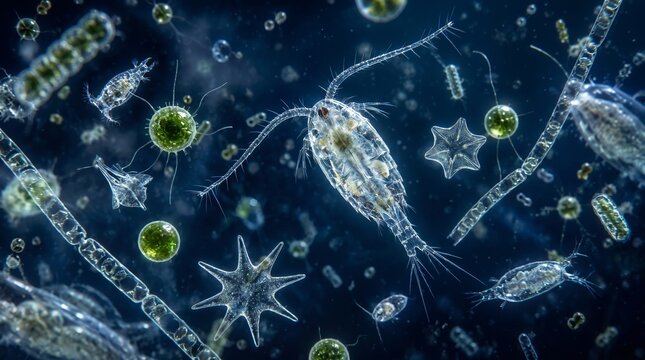A vibrant microscopic view of diverse plankton and microorganisms, including copepods and diatoms, thriving in an aquatic environment.